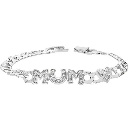 Silver Ladies' Cz Heart&Mum Bracelet 12g